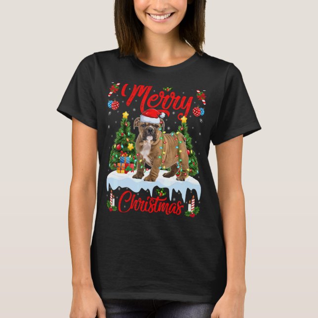 Camiseta Buldogue Lights Xmas Tree Papais noeis Buldogue Na (Frente)