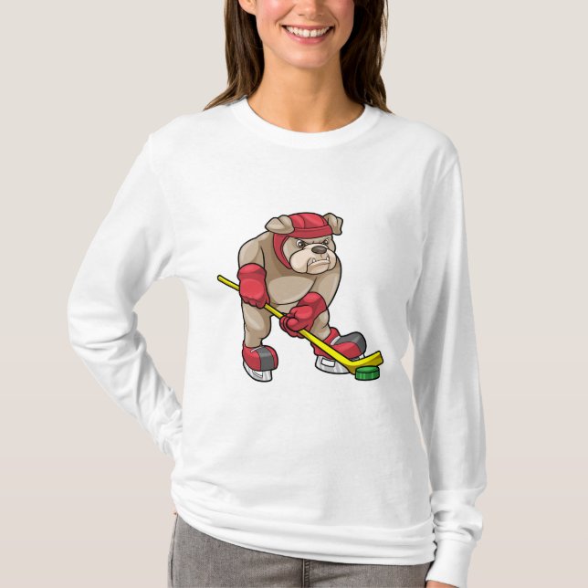 Camiseta Buldogue no hóquei no gelo com bastão de hóquei (Frente)
