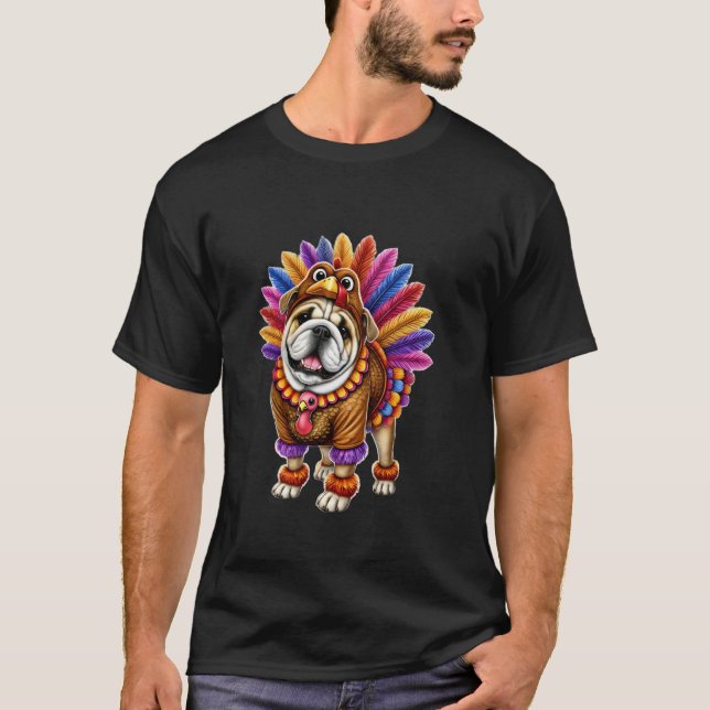Camiseta Buldogue Turquia Engraçado Ação de Graças Cão Anim (Frente)