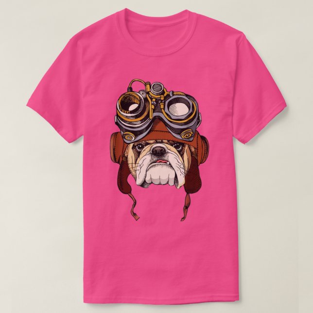 Camiseta Buldogue Vestindo Helmet Aviator Steampunk (Frente do Design)
