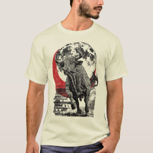Camiseta Bull Art japonês Trabalho de arte da Lua Vermelh