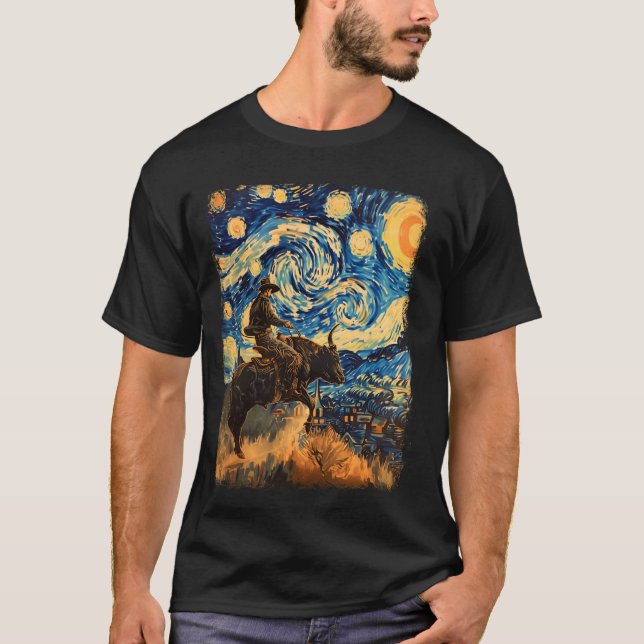 Camiseta Bull Rider Bull Andando Cowboy Starry Night Painti (Frente)