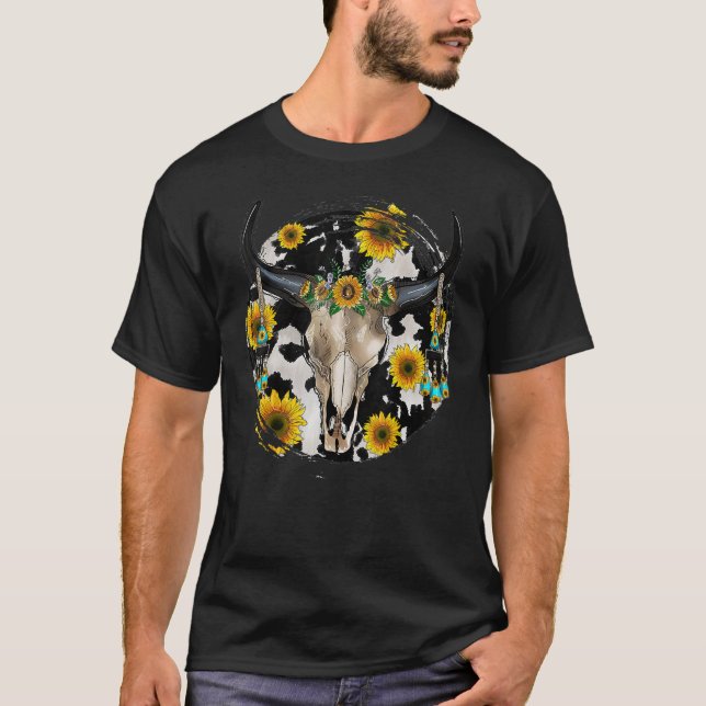 Camiseta Bull Skull Leopard Cowhide Sunflower Western (Frente)