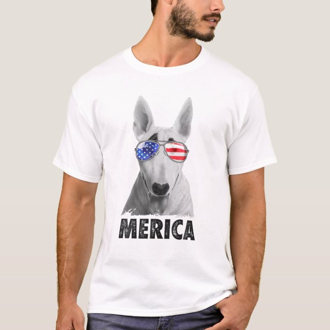 Camiseta Bull Terrier 4 De Julho Merica Men American Flag (Frente)