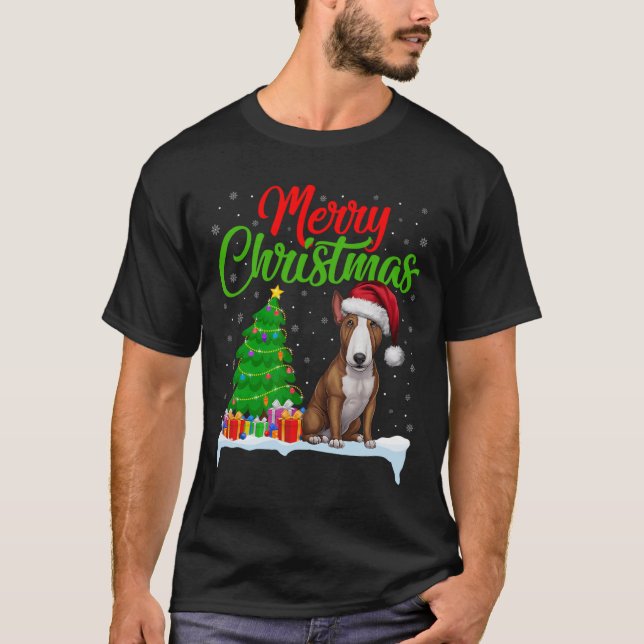 Camiseta Bull Terrier Cachorro Árvore de Natal Luz Engraçad (Frente)