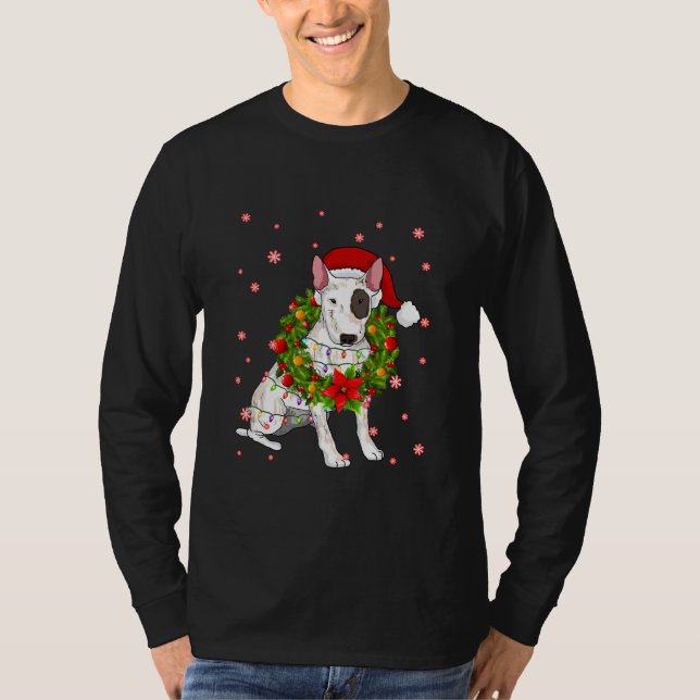 Camiseta Bull Terrier Christmas Santa Hat Xmas Lights Dog (Frente)