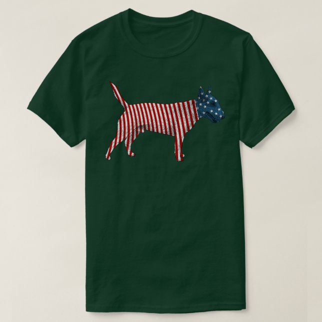 Camiseta Bull Terrier Dog American Flag 4 De Julho  (Frente do Design)