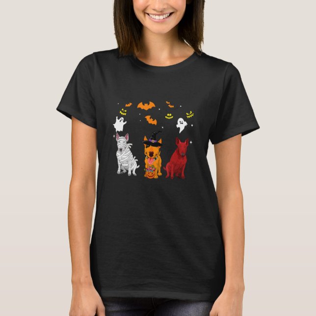 Camiseta Bull Terrier Dogs Mummy Witch Hat Dia de as Bruxas (Frente)