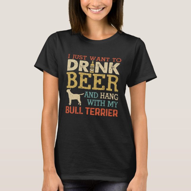Camiseta Bull Terrier Pai Beba Cerveja Segura Com Cachorros (Frente)