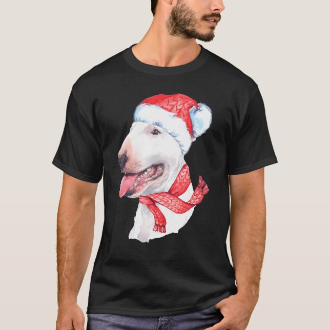 Camiseta Bull Terrier Santa Hat Red Scarf Cachma Cachorro F (Frente)