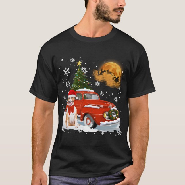 Camiseta Bull Terrier Snow Red Truck Pegar Árvore de Natal (Frente)