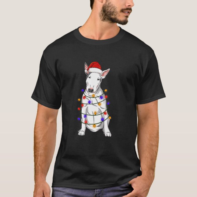 Camiseta Bull Terriers Dog Vestindo Luzes de Natal (Frente)