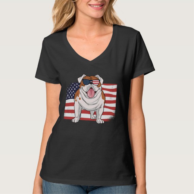 Camiseta Bulldog American Flag 4th of July USA Independence (Frente)