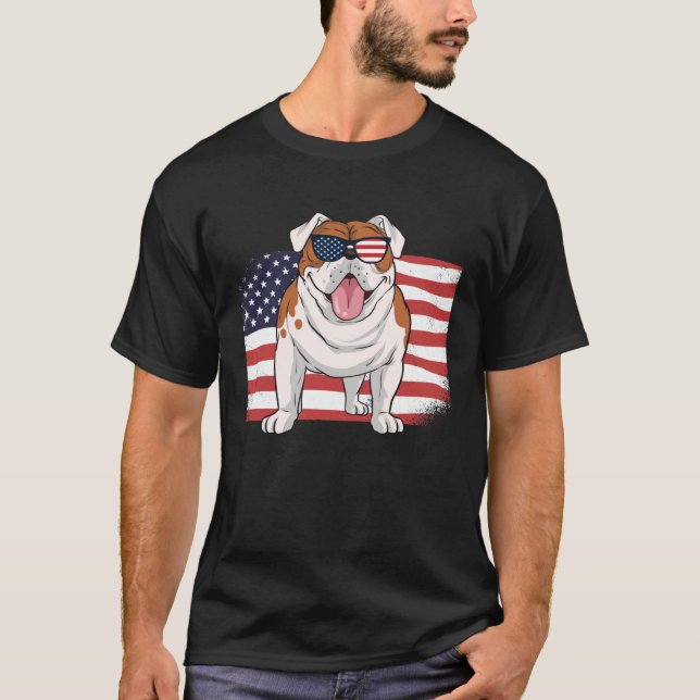 Camiseta Bulldog American Flag 4th of July USA Independence (Frente)