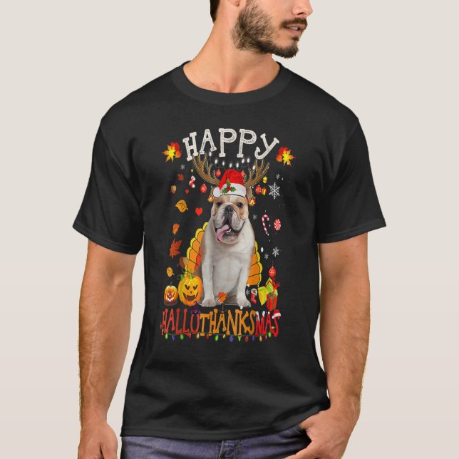 Camiseta Bulldog Dog Happy Hallothanksmas Halloween Thanksg (Frente)