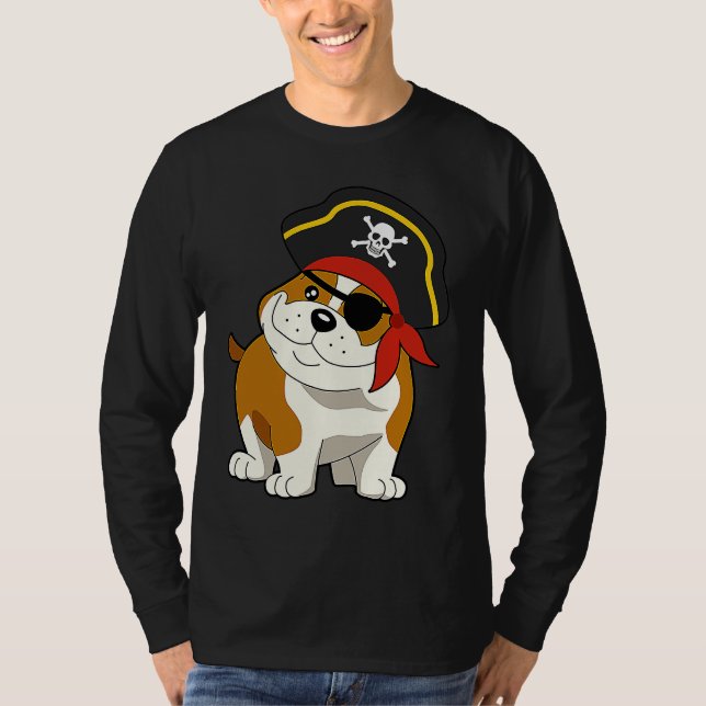 Camiseta Bulldog Dog Pirate Captain with Skull Easy Hallowe (Frente)