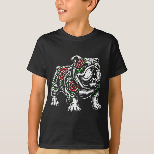 Camiseta Bulldog Floral Red Rose Mens Womens  (Frente)