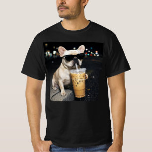 Camiseta   Bulldog Francês Bebendo Café Gelado Amante Humor