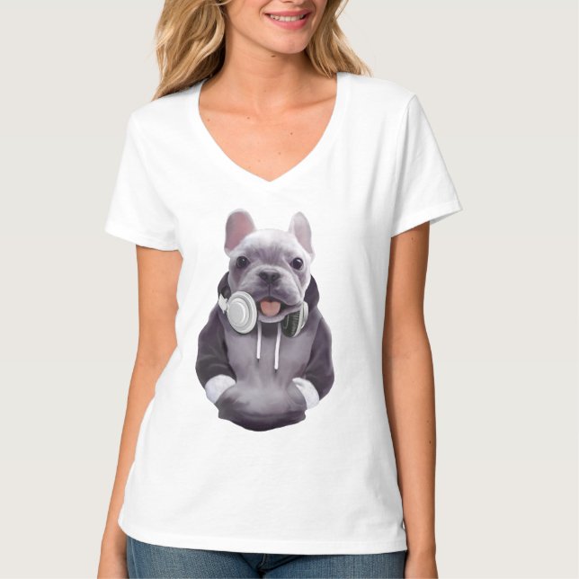 Camiseta Bulldog Francês com Ilustração de Fones de ouvido (Frente)