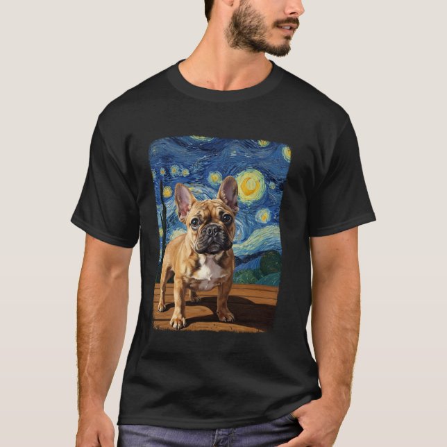 Camiseta Bulldog Francês Pose de Estimação Lua Noite Estrel (Frente)