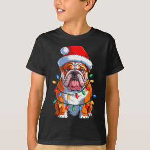 Camiseta Bulldog Inglês Cachorro Luzes De Natal Chapéu Do P