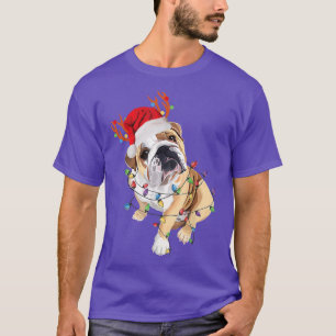 Camiseta Bulldog Inglês Rena Chapéu do Papai Noel Luz de Na