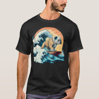 Camiseta Bulldog Inglês Surfando Na Grande Onda De