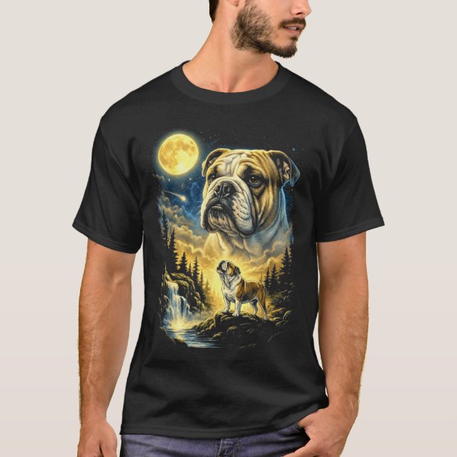 Camiseta Bulldog Inglês Uivando Para a Lua Meme Engraçado 9 (Frente)