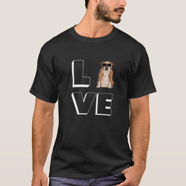 Camiseta Bulldog Love Heart Sunglasses Dog English Bulldog (Frente)