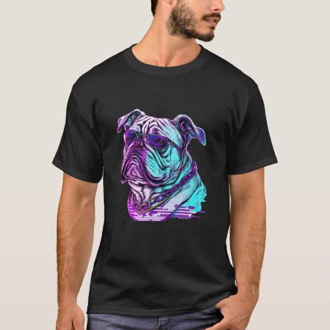 Camiseta Bulldog Synthwave 80s - Estética Retrowave (Frente)