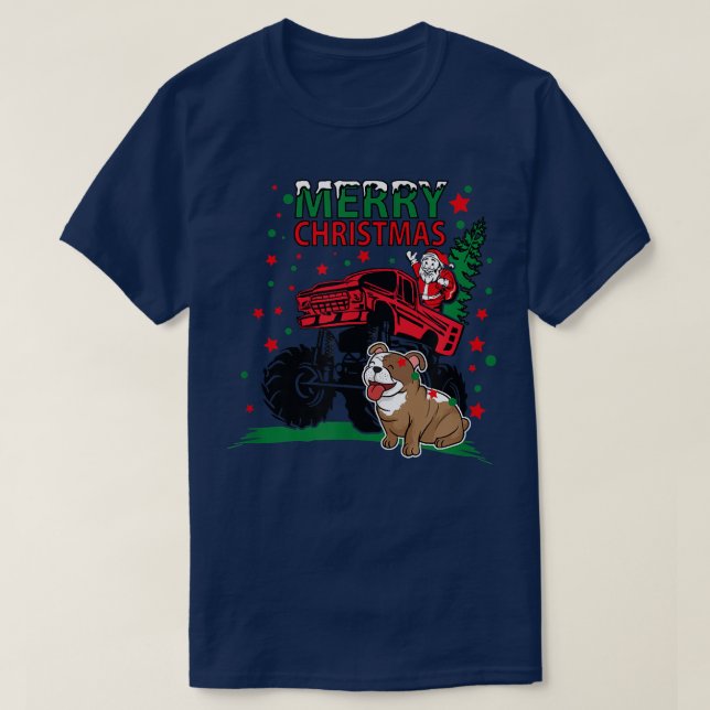 Camiseta bulldogs Red Truck Christmas Santa Hat Dog Xmas  (Frente do Design)