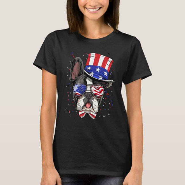 Camiseta Bulldogue Francês Patriótico Americano USA 4 de Ju (Frente)