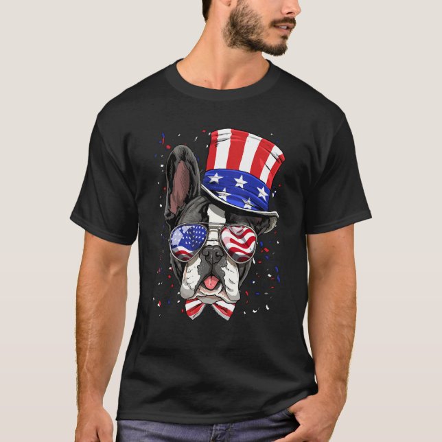 Camiseta Bulldogue Francês Patriótico Americano USA 4 de Ju (Frente)