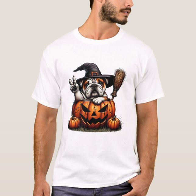 Camiseta Bulldogue Inglês Feiticeira Abóbora (Frente)