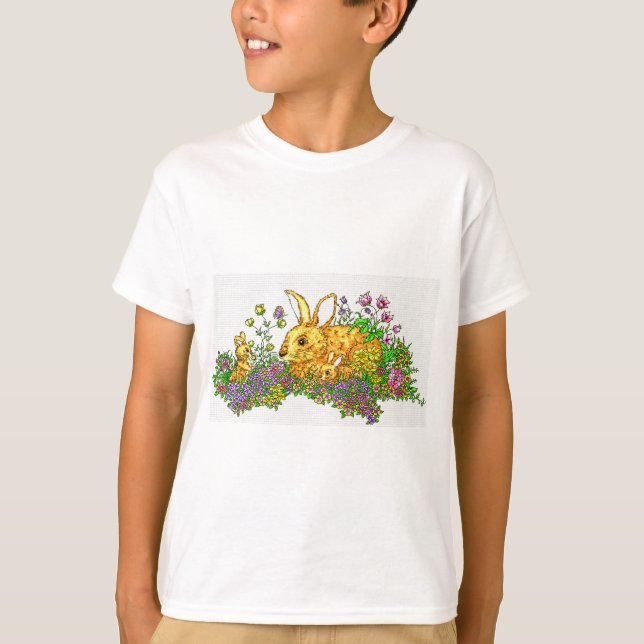 Camiseta Bunnies Springtime em Campo de Flores (Frente)