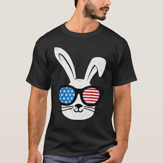 Camiseta Bunny American Glass Patriótico Usa Flag Rabbit (Frente)