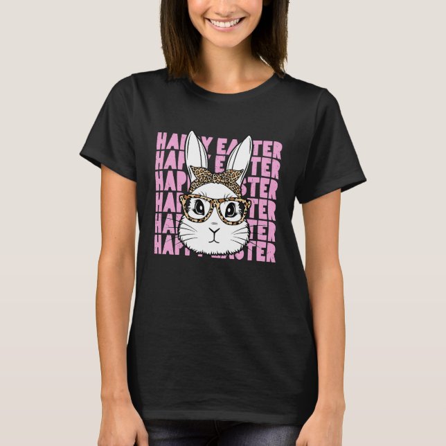 Camiseta Bunny Face Glasses Leopard Happy Easter Bunny Wome (Frente)
