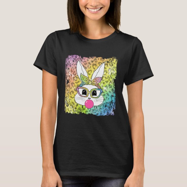 Camiseta Bunny Face Leopard Glasses Bubble Gum Easter Day G (Frente)