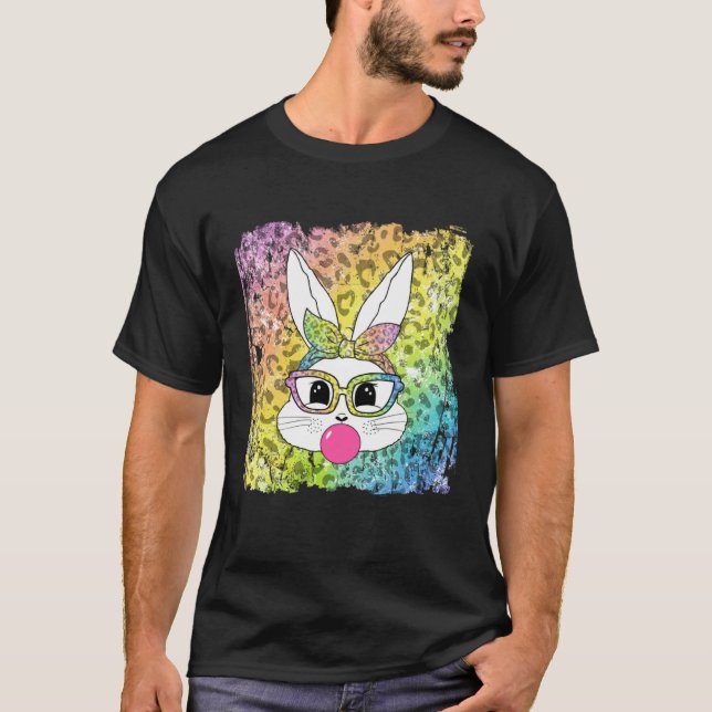 Camiseta Bunny Face Leopard Glasses Bubble Gum Easter Day G (Frente)