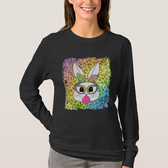 Camiseta Bunny Face Leopard Glasses Bubble Gum Easter Day G (Frente)