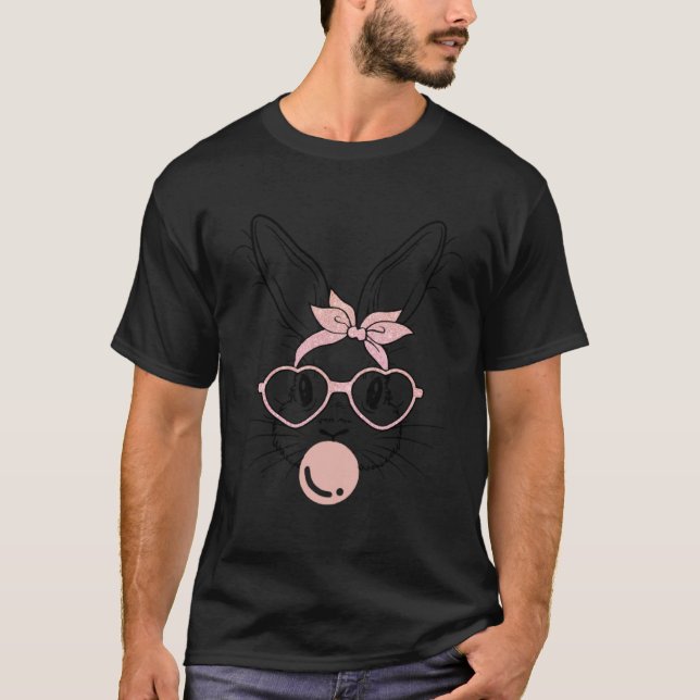 Camiseta Bunny Face Pink Glasses Bubble Gum Easter Day (Frente)