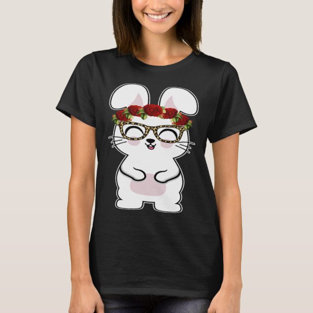 Camiseta Bunny Flowers Leopard Print Glasses Happy Easter W (Frente)