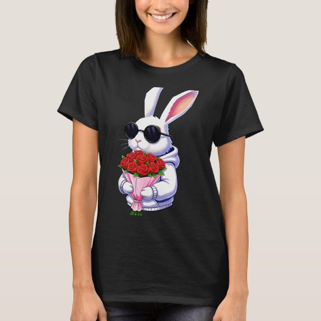 Camiseta Bunny Hugging Valentine Flower Bunny  (Frente)