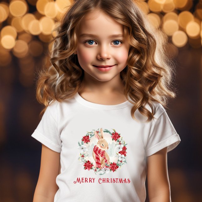 Camiseta Bunny Poinsettia Watercolor Girl Natal (Bunny Poinsettia Watercolor Girl Christmas T-Shirt)