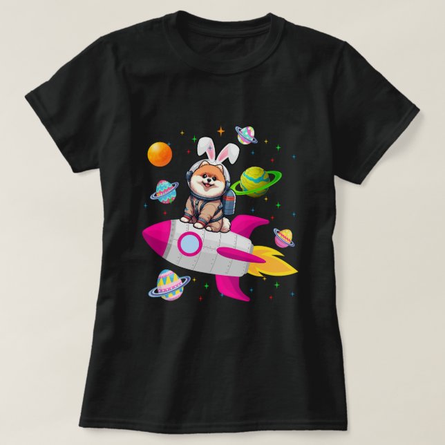 Camiseta Bunny Pomeranian Em Planetas Espaciais Proprietári (Frente do Design)