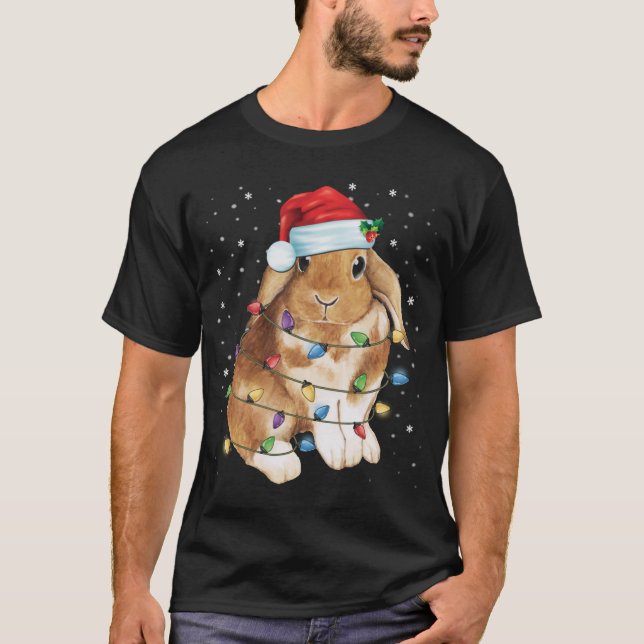 Camiseta Bunny Rabbit Natal Luz Santa Hat Engraçado Xmas (Frente)