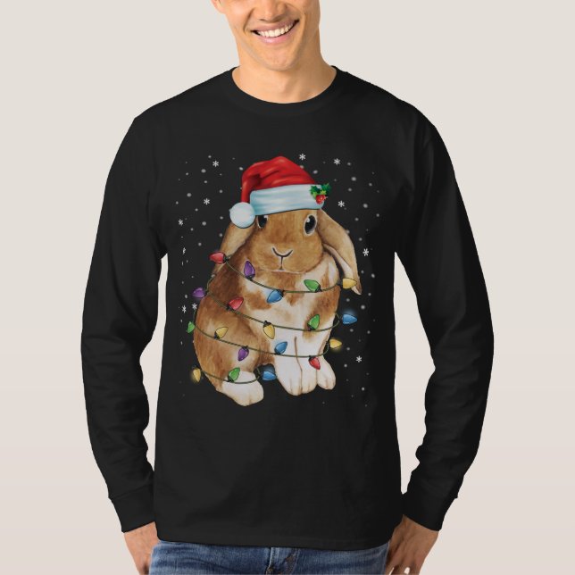 Camiseta Bunny Rabbit Natal Luz Santa Hat Engraçado Xmas (Frente)