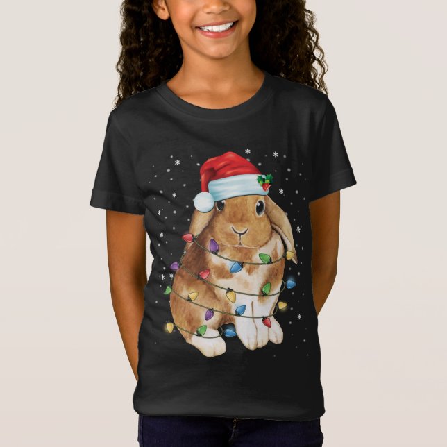 Camiseta Bunny Rabbit Natal Luz Santa Hat Engraçado Xmas (Frente)