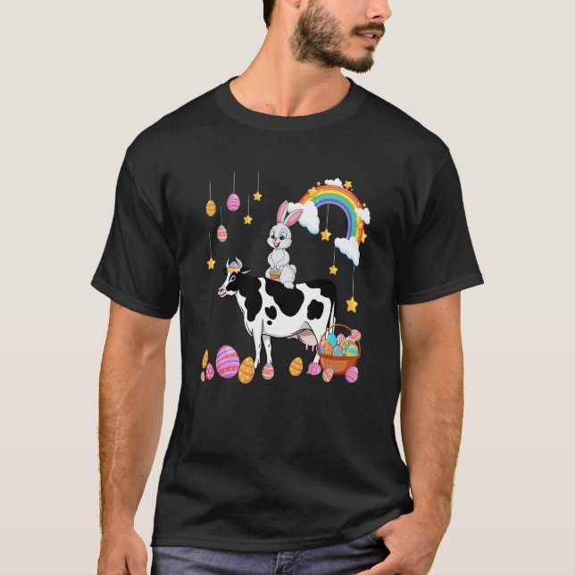 Camiseta Bunny Riding Cow Easter Day Costume Farmer Hunting (Frente)