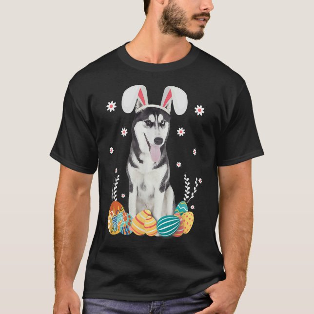 Camiseta Bunny Siberian Husky Dog Dia do Felz pascoa Ovo Hu (Frente)